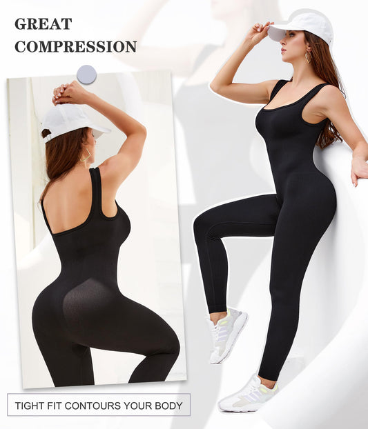 Nebility Womens One Piece Workout Jumpsuits Square Neck Tank Tops Rompers Ribbed Sleeveless Exercise Unitard Yoga Bodycon