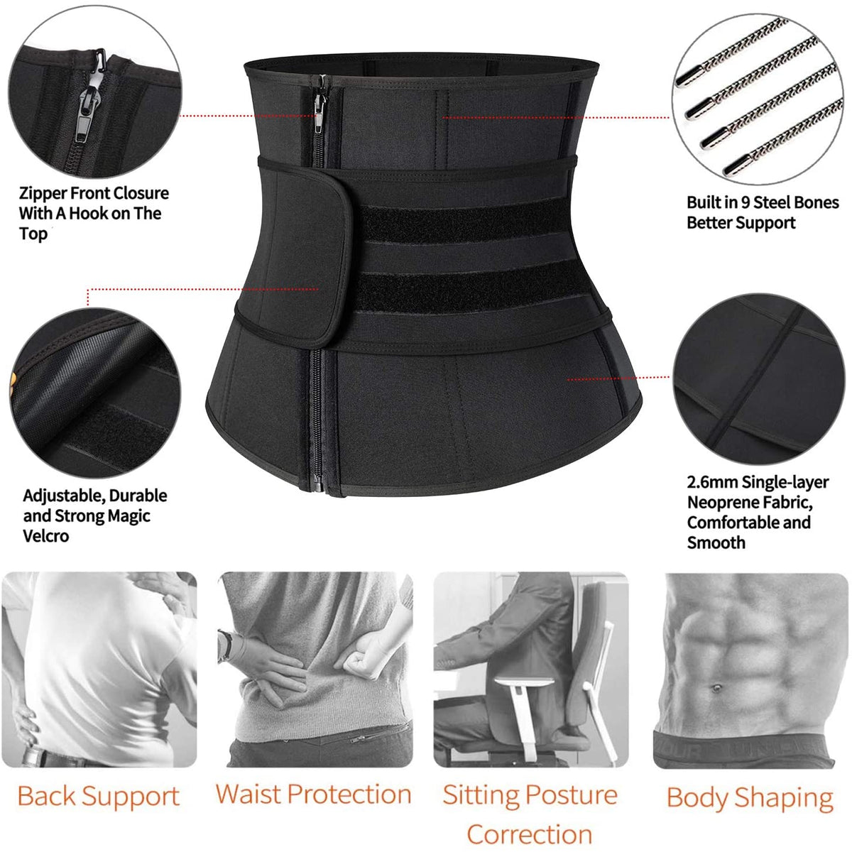 Black Neoprene Waist Trainer Workout ABS Single Belt For Men Detaisl- Nebility