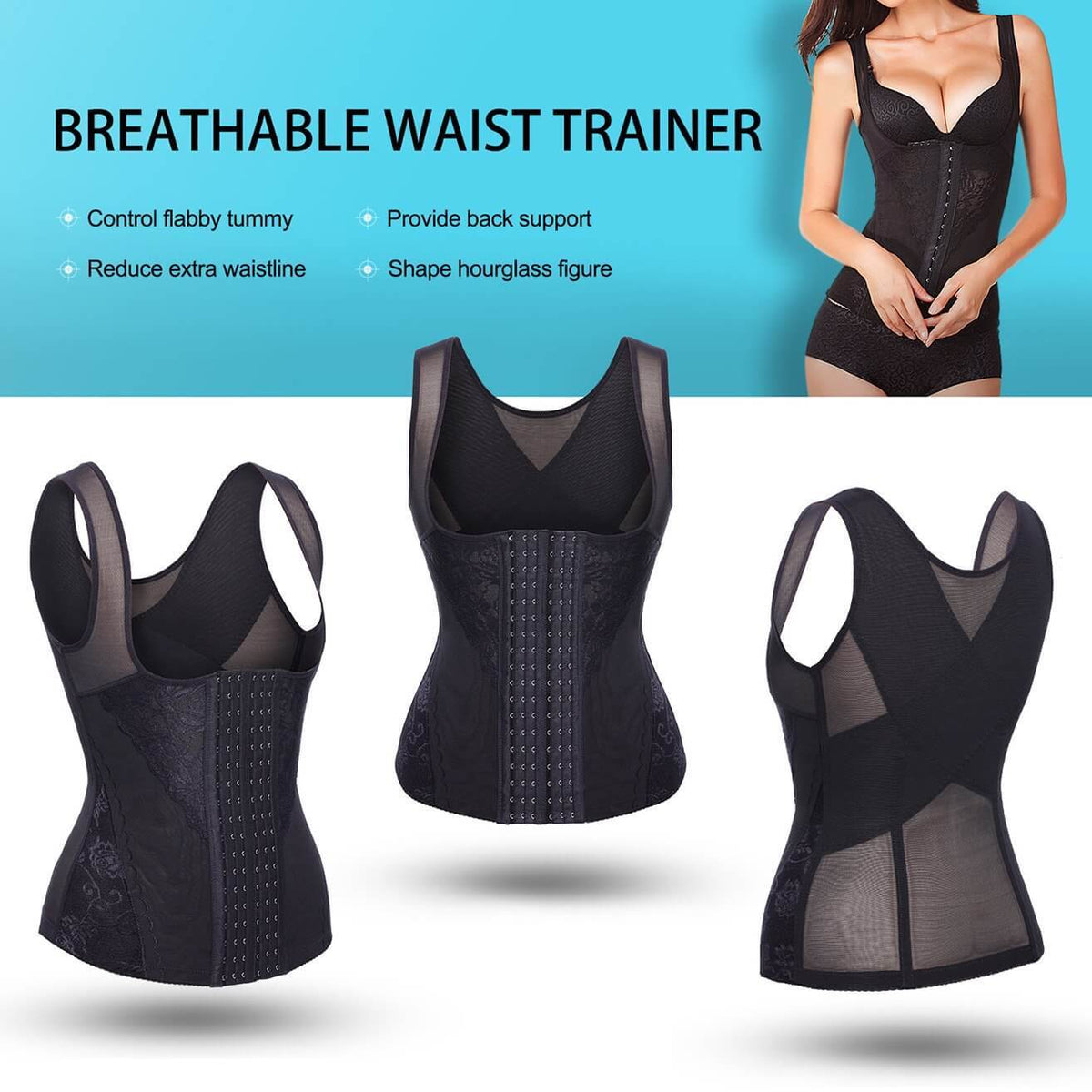 Women Waist Trainer Vest Breathable Shapewear Weight Loss Tank Top Black - NebilityWomen Waist Trainer Vest Breathable Shapewear Weight Loss Tank Top - Nebility
