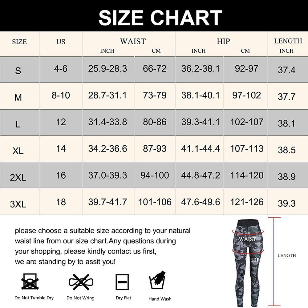 Camouflage Neoprene High Waist 3 Layer Yoga Pants for Women Size Chart - Nebility