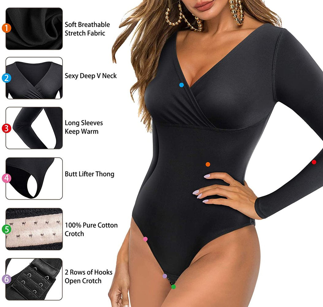 Black Long Sleeve Deep V Shapewear Bodysuit For Women Details- Nebility