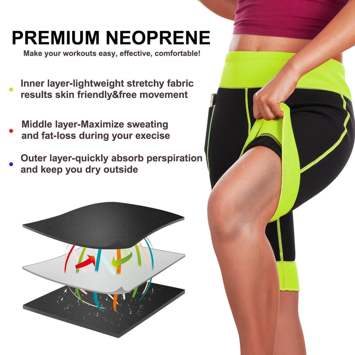 Hot Neoprene Sauna Sweat Pants with Side Pocket Workout Thighs Slimming Capris Leggings