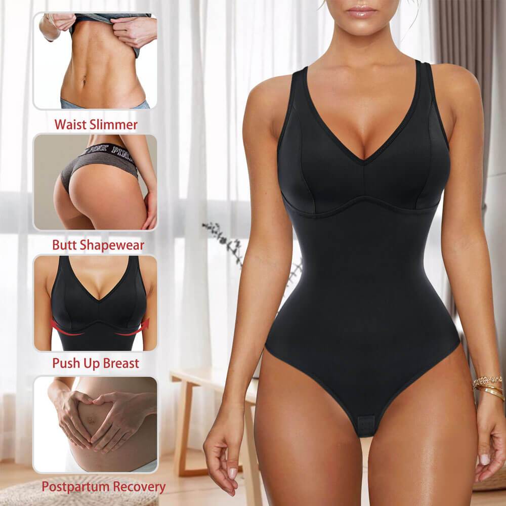 Women Black Deep V Full Body Shapewear Thong - Nebility