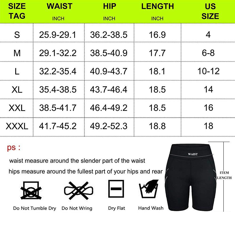 Women Neoprene Sauna Sweat Shorts With Side Pocket Size Chart - Nebility