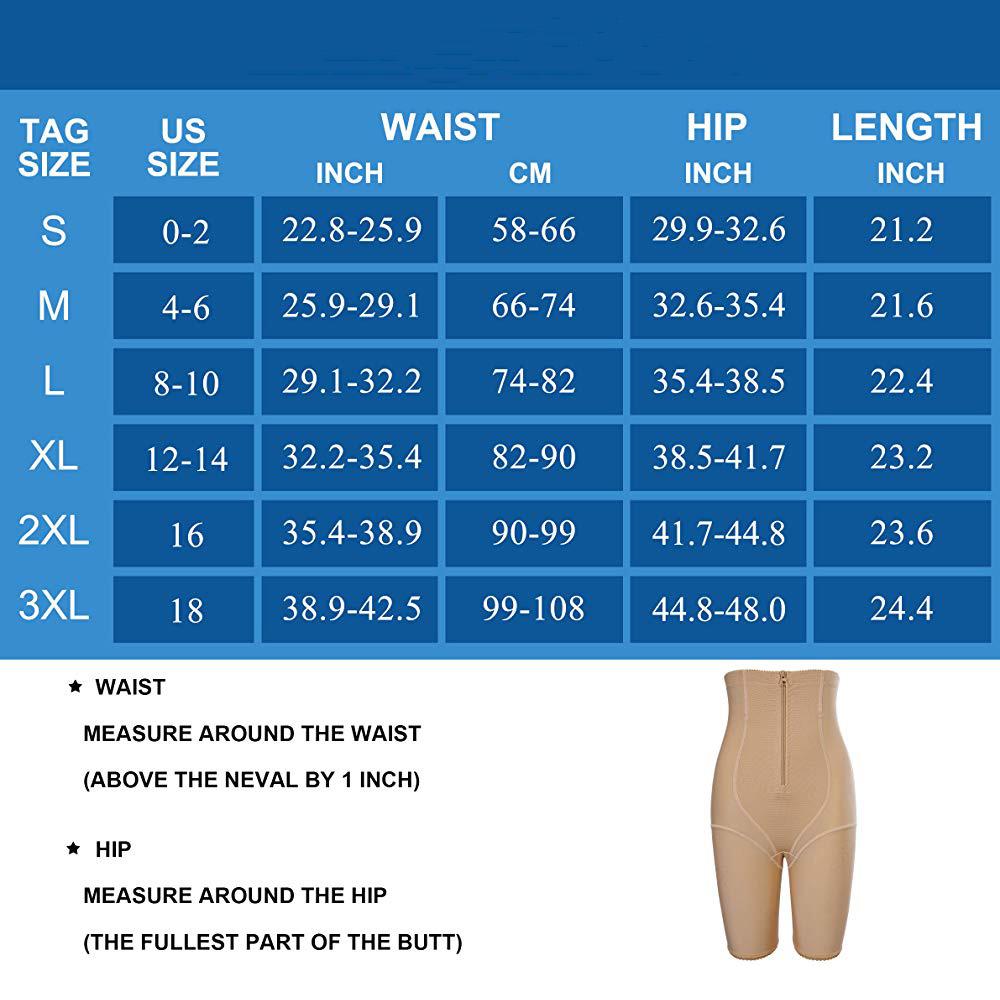 Womens Above The Knee Long-Length Shapewear Shorts With Zipper Size Chart - Nebility