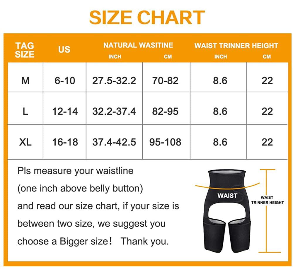 Unisex 3 in 1 Inner Silver Heat Sauna Waist Thigh Trainer Size Chart - Nebility