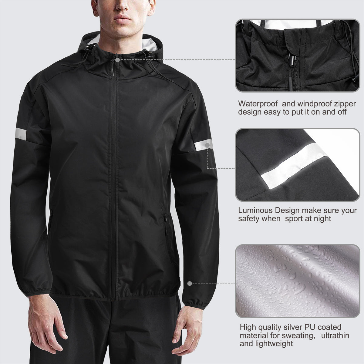 Black Men's Long Sleeve Hot Sauna Hoodies Jacket Suit For Sweating And Fat Burning Details - Nebility