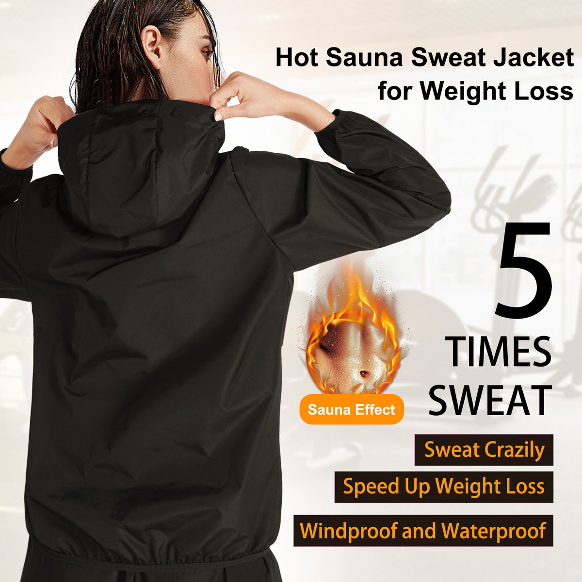 Women Waterproof Hot Sauna Hoodies Black Sweating Jacket - Nebility