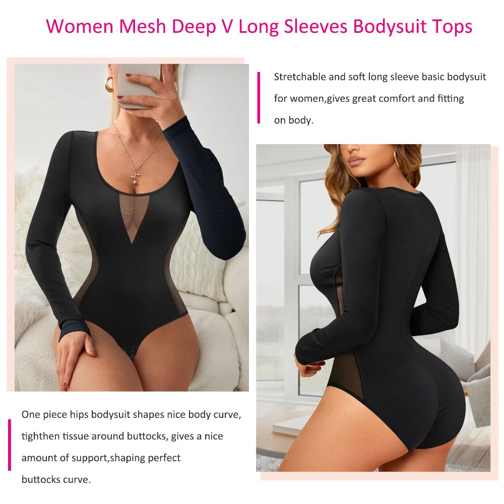 Nebility Women's Long Sleeve Deep V Sheer Mesh Bodycon Tops