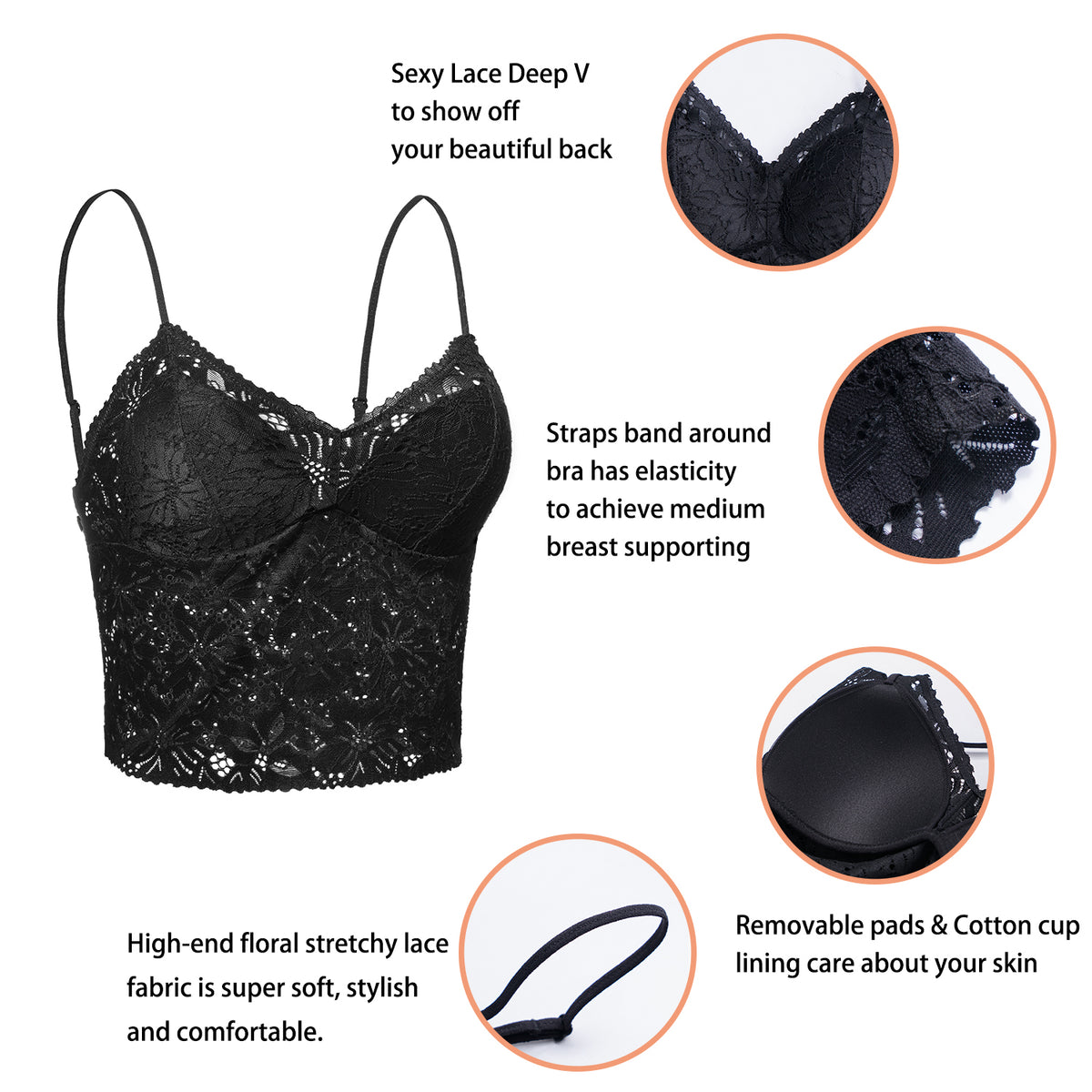 Women's Lace Contour Plunge Bralette Details- Nebility