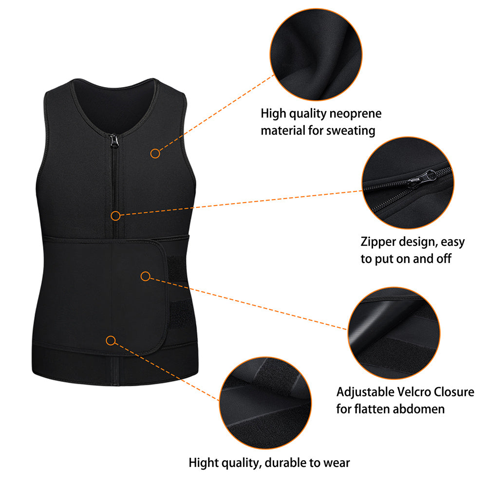Black Hot Neoprene Sauna Front Zipper Tank Top With Adjustable Velcro for Men Details- Nebility